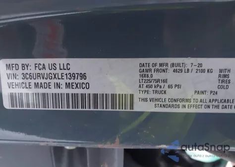 2020 Ram Promaster 3500 Cargo Van High Roof 159 Wb Ext из США, поврежденный, VIN 3C6URVJGXLE139796